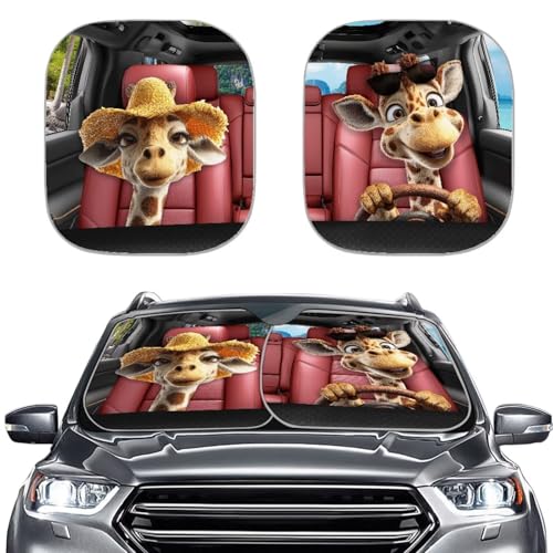 Image of Giraffe Front Windshield Sun Shade Reflect UV Sun and Heat Foldable 2-Piece Car Windshield Sunshades Interior Accessories Sun Protection Universal Vehicle Accessories