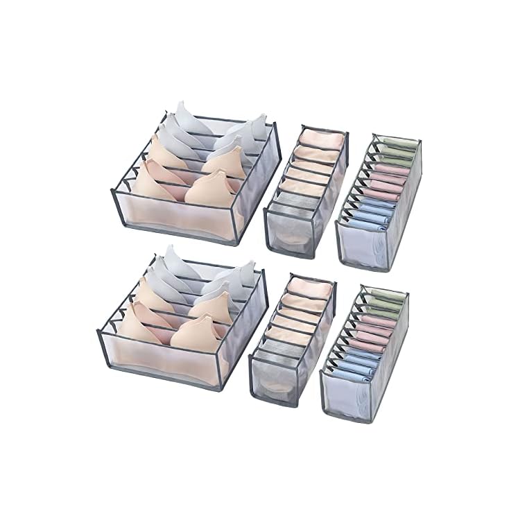 6 Pcs Underwear Drawer Organizer, Foldable Underwear Storage Divider Boxes 6/7/11 Cell Closet Clothing Organizers for Bras Panties Ties Socks Scarves Clothes