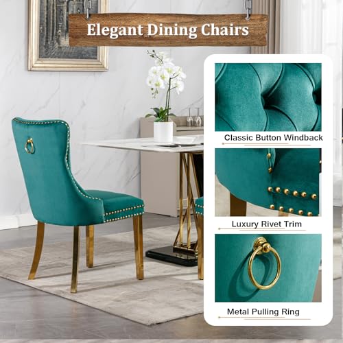Image of 5-Piece Round Dining Table Set for 4, Luxury Faux Marble Kitchen Table Set for 4 with Green Velvet Chairs, 45 inch Circle Dining Room Tables with White Marble Top and Gold Stainless Steel Cross Legs