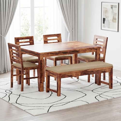 Image of Amazon Brand - Solimo Solid Sheesham Wood Kotili Six Seater Dining Table Set with 4 Cushioned Chairs and 1 Cushioned Bench | Wooden Furniture for Dining Room Kitchen and Home (Natural Finish)