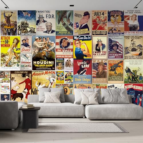 wall26 - Peel and Stick Wallpapaer - American Posters Collage with Vintage War Propaganda and Classic Movie Posters | Removable Large Wall Mural 100"x144"