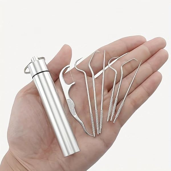 Set di stuzzicadenti portatili in acciaio inox, 7 pezzi, con tubo organizer, riutilizzabili, durevoli, inodori, ideali per viaggi, casa, cucina, ufficio, elegante finitura metallica - 2