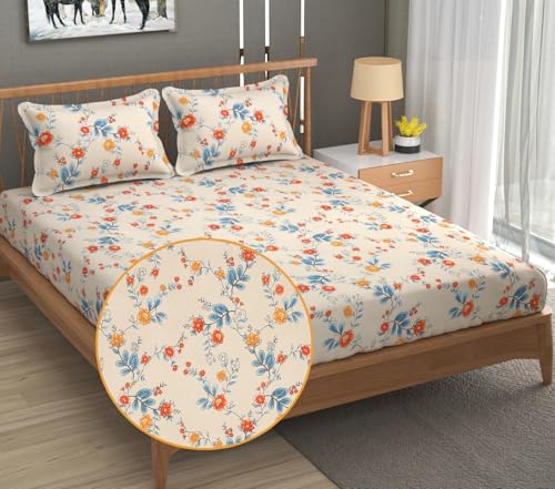 Image of Fresh From Loom Anti Fade Floral Print 240 TC Microfiber King Size Bedsheet Set with 2 Pillow Covers - Soft Fabric (90 x 95 inch| Beige, Floral Design)