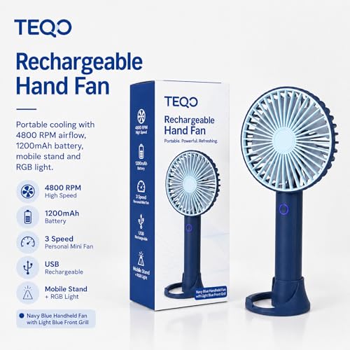 Image of TEQO Rechargeable Hand Fan 4800 RPM High Speed | 1200mAh Battery, Up to 6 Hours Runtime | Portable USB Fan with Mobile Stand & RGB Light | 3 Speed Personal Mini Fan for Travel, Makeup (Blue)