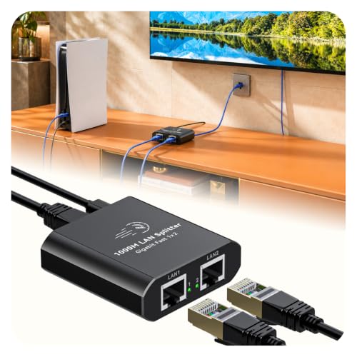 Ethernet Splitter 1 to 2 Mini Gigabit Internet Switch 1 in 2 Out LAN and RJ45 Port Splitter High Speed Network Adapter for 5/5e/6/7/8 with USB c Power Cable
