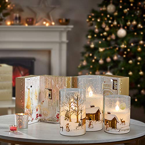 Image of Snowman Glass Flameless Candles Battery Operated with Remote and Timer Real Wax LED Flickering Pillar Candles White Cold Light Window Christmas Holiday Decor D3 x 4 inch,5 inch,6 inch
