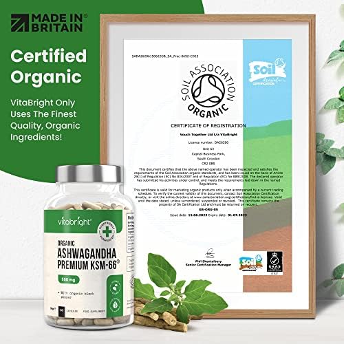 Organic Ashwagandha KSM-66 Capsules - 550mg (Highly Concentrated 10:1 Extract Ratio Equivalent to 5500mg) - with 5% Withanolides - 90 Vegan Capsules - Natural Ayurveda - Made in UK by VitaBright