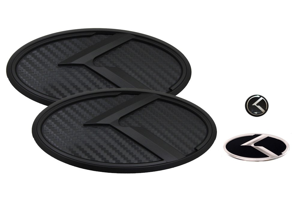 3D K Logo Emblem Carbon Fiber & Black Edition Set 4pc Front + Rear + Steering Wheel + Mini Sticker (