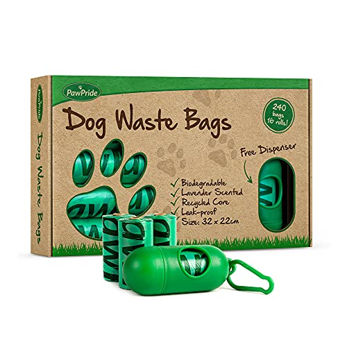 PawPride Bolsas de caca para perros - Paquete de 240 bolsas de basura biodegradables fuertes - 16 rollos de bolsas perfumadas a prueba de fugas para perros con dispensador de plomo con clip (lavanda) Cover