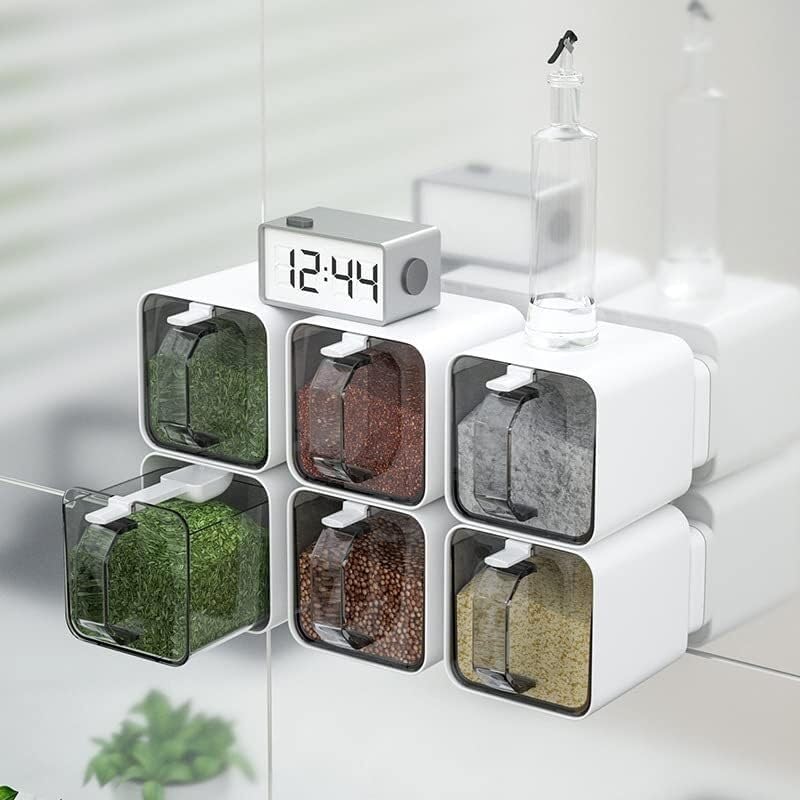 Gewürzspender, Gewürzbox, 3-in-1-Gewürzbox-Set for die Küche, Löffel, Salz, Zuckerdose, Vorratsbehälter, Gewürzgläser, Regal, an der Wand hängende Gewürztöpfe, einfach