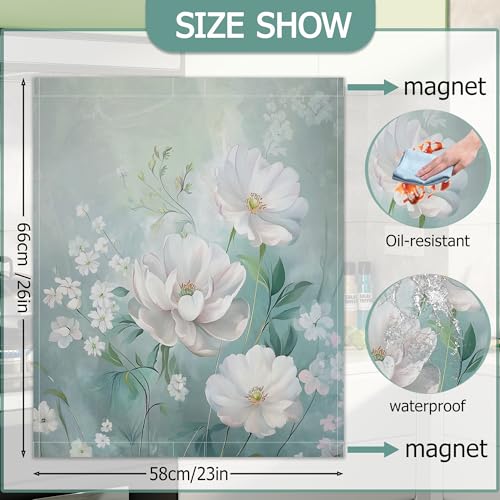 Image of White Flowers Refrigerator Magnet Cover,Green Floral Washable Dishwasher Magnets Decorative Cover,Home Kitchen Decorative Dishwasher Front Panel Cover 23x26 Inch