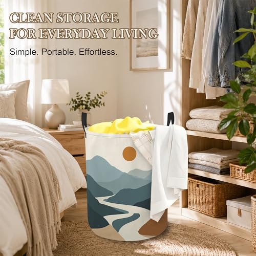 Image of Abstract Mountain Laundry Basket, Foldable Oxford Cloth Sunset Landscape Laundry Hamper with Handles, Tote Bag Clothes Storage Bucket for Laundry Room /Bathroom /Bedroom /Dormitories 20.8 inchx16 inch