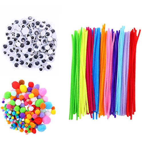 VABNEER Juego de Limpiapipas DIY Limpiadores de Pipa Pipe Cleaners DIY Crafts Decoraciones de Fiestas 250PCS Pompones Suaves + 150PCS Ojos Autoadhesivo + 100PCS Chenilla Tallos