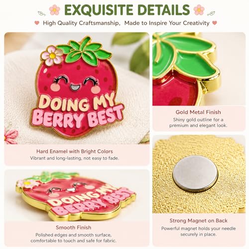 Image of Funny Strawberry Needle Minder Magnet, Cute Magnetic Sewing Accessory with inchDoing My Berry Best inch Design for Embroidery, Needlepoint & Cross Stitch Projects