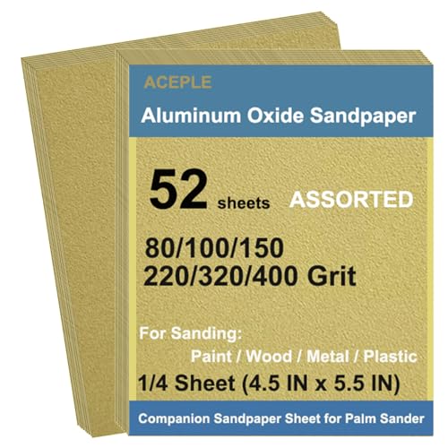 52Pcs Aluminum Oxide Sandpaper Variety Pack, 1/4 Sheet Sand Paper Assorted for Block Sander Wood Metal Wet Dry Sanding 80/100/150/220/320/400 Grits (4.5 x 5.5 Inch)