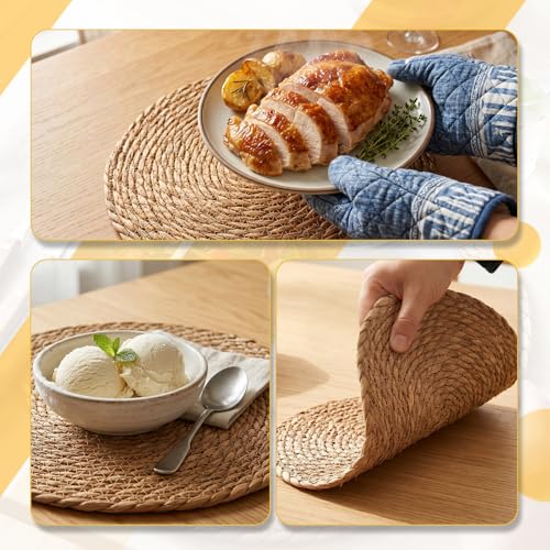 Image of 24 Pcs Round Woven Placemats - Yedoler 13 in Farmhouse Boho Straw Heat Resistant Outdoor Patio Rattan Wicker Table Mats, Natural Water Hyacinth Place Mats Coasters for Dining Table,Home,Wedding