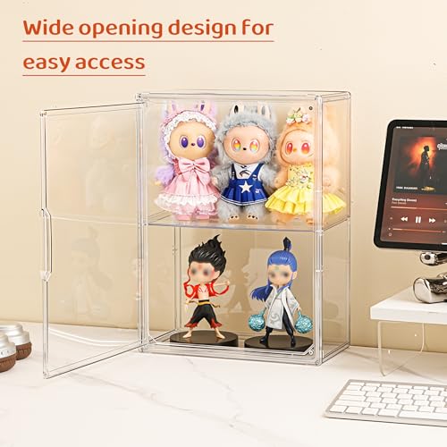 Image of Acrylic Wall Mount Display Case for Collectibles Figures, 2 Tier | Damage-Free Adhesive Strips for Wall Mounting; Adjustable Partition Shelves; Clear Display; Magnetic Closure to Keep Dust Out