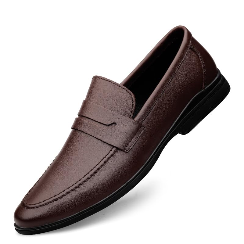 Men's Loafers Round Toe Leather Penny Loafers Flat Heel Anti-Slip Flexible Casual Slip-on