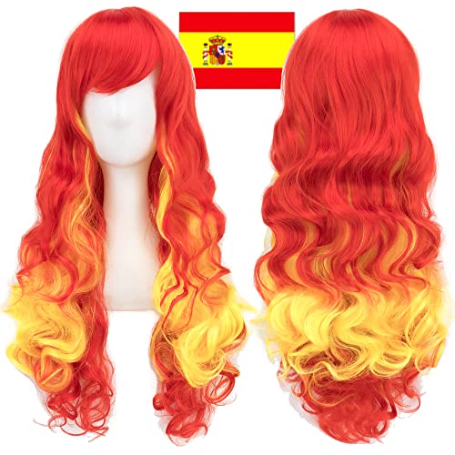 IMISSU Flag Color Design Hair Cosplay Wigs with Bangs Halloween Costume Wig (ES Flag Red Yellow Red)