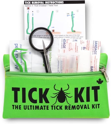 Tick Remover Tool Kit For Humans, Cats, Dogs and Pets, Lyme Prevention Plus 3 Tick Removal Tools, Small & Large Tick Crowbars & Fine Point Tweezers with Magnifying Glass + First Aid Bandages & Cleaning Wipes - Canadian Owned and Operated