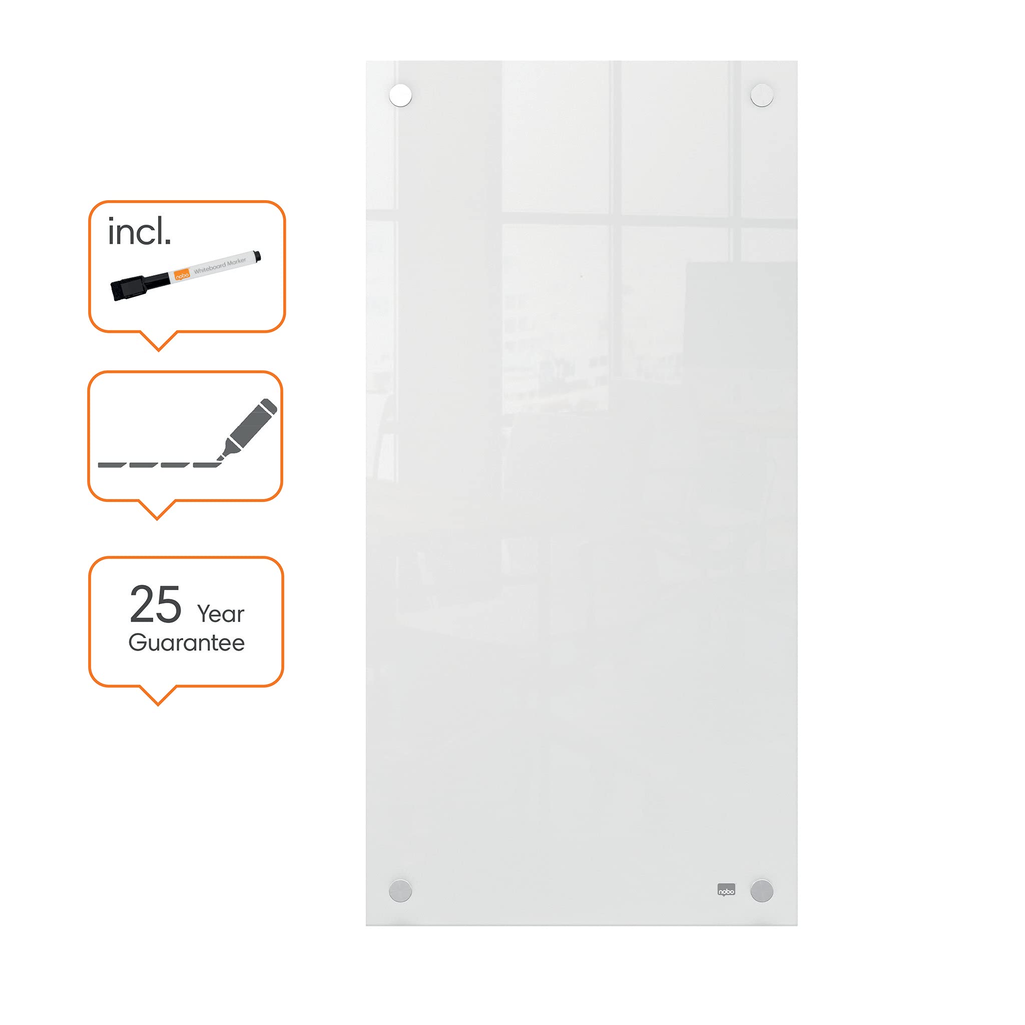 Nobo, Mała Szklana Tablica Suchościeralna, Bezramkowa, Narożny Montaż Ścienny, do Domu/Biura, 300 × 600 mm, w Zestawie Marker Suchościeralny Nobo, Kolor Biały (1915603)