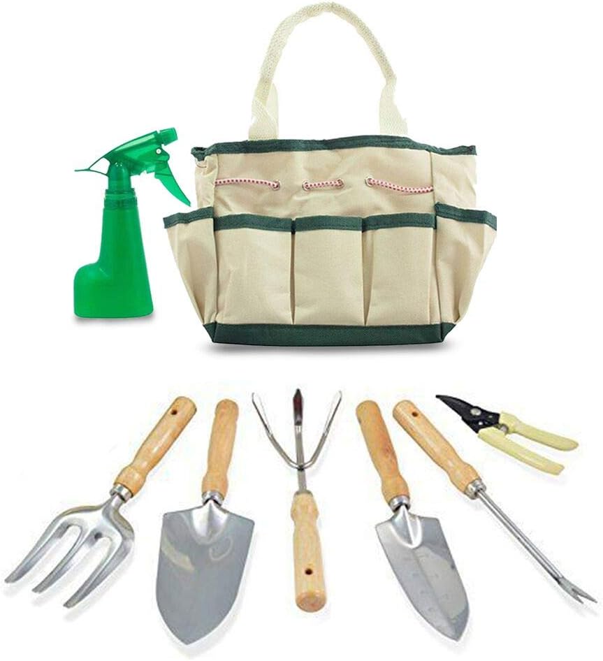 7 Piece Stainless Steel Garden Tools,Includes 3 Tools, 2 Pruners, 1 Sprayer for Indoor Bonsai, Planters, Small or Kids Garden