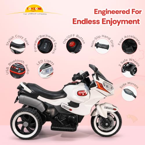 Image of Toyzone Roach Electric Bike (White) | 6V Rechargeable Bike for Kids with 4.5Ah Battery | LED Lights, Music, MP3 /USB /BT | Smooth Acceleration | 6M Battery Warranty | Age 2-8 Years, Up to 35kg