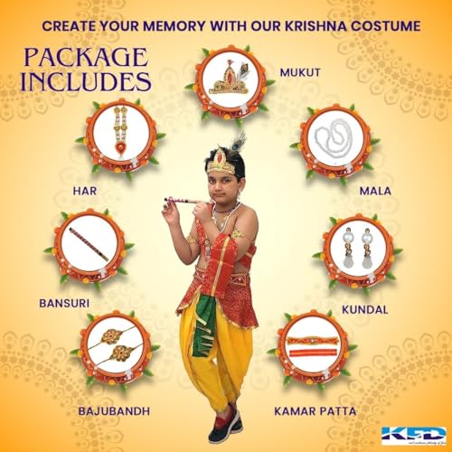 Image of Kaku Fancy Dresses Krishna Costume With Dhoti For Boy /Janmashtami /Bal Gopal Dress /Kanha Costume /Bal Krishna /Mythological Costume For Boy - Yellow-Red, 1-2 Years