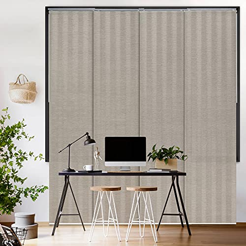 Godear Design Deluxe Adjustable Sliding Panel Track Blind 45.8"- 86" W X Up To 96" H, Extendable 4-Rail Track Vertical Blind, Trimmable Pleated Natural Woven Fabric, Stripes Pattern, Cottontail #TOP1