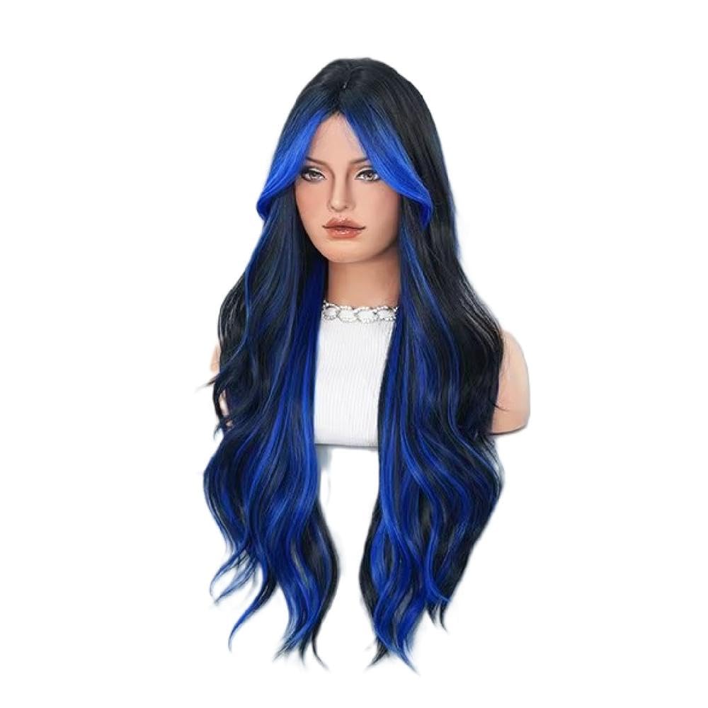 Haarpflege Lange Gewellte Schwarze Blaue Perücke Für Frauen Mit Hoher Dichte Bescheidenem Teil Und Vorhang Pony