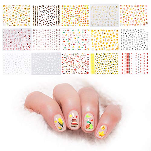 1500+Pcs Mixed Nail Art Stickers Fall Autumn Harvest Winter Snowflake Snowman Decal Self-Adhesive Nail Stickers DIY Manicure Accessories Thanksgiving Christmas New Year Theme for Women Lady(15 Sheets)
