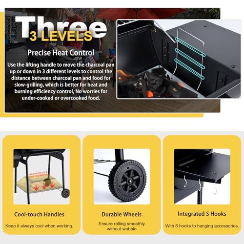 Charcoal Grill Offset Smoker(Grill + BBQ Tools), Joyfair Large Barrel Grill with 770Sq.In. Cooking Space for 8-10 People Cooking, Heavy Gauge Steel & & Basic Accessories, Adjustable charcoal tray
