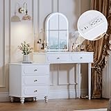 YYJ Vanity Desk with Mirror and Lights,Makeup Vanity with Power Outlet and Adjustable Cabinet,Modern Makeup Table with 3 Drawers for Bedroom Makeup Room,Writing Desk White