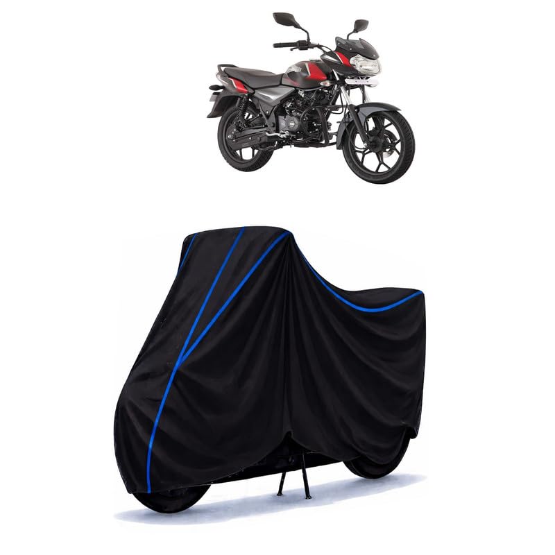Image of Bajaj Discover 125 BS6 Bike Cover Water Resistant Universal Motorcycle Rain | Heavy Duty UV Protection, Dust, Scratch Indoor Outdoor All Weather with Black Blue Piping Elastic