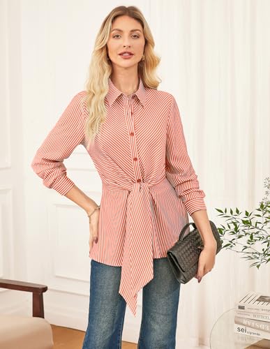 GRACE KARIN Peplum Tops for Women Tie Front Striped Button Down Shirt Collared Long Sleeve Business Casual Work Office Blouse Orange — view 3