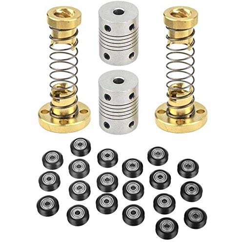 Lysee 3D Printer Parts & Accessories - T8 Anti Backlash Spring Loaded Nut (2Pcs)5mm to 8mm Stepper Motor Coupler(2PCS) with 20Pcs V-Shape Groove Wheel - (Color: As Shown)