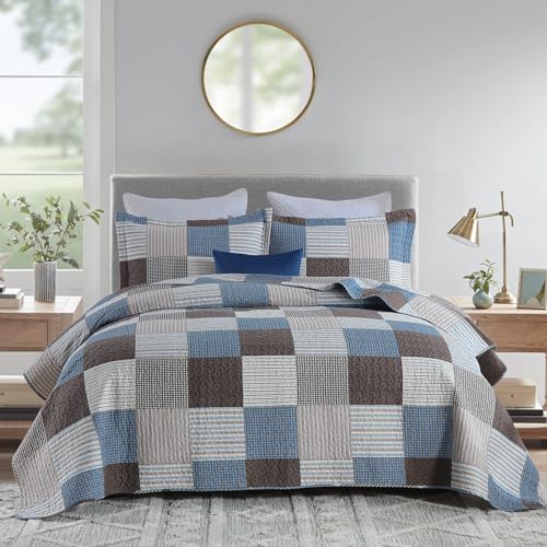 Image of Finlonte Quilt King Size - 100% Cotton Plaid King Size Comforter Set Farmhouse Modern Quilt Bedding Set, Reversible Lightweight Soft Bedspread, Blue Brown Quilted Coverlet All-Season, 3-Piece