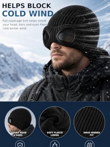 Unisex Knitted Beanie with Goggles, Windproof Warm Winter Skull Cap (Gray) - 1
