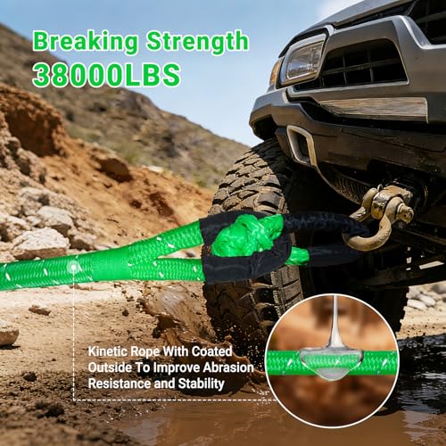 Image of Kinetic Recovery Tow Rope 5 /8 inch x 20ft, 38000lbs Snatch Strap,Heavy Duty Stretch Nylon Towing Ropes with 2pcs Soft Shackles for Offroad Vehicle,Jeep, SUV, ATV, UTV