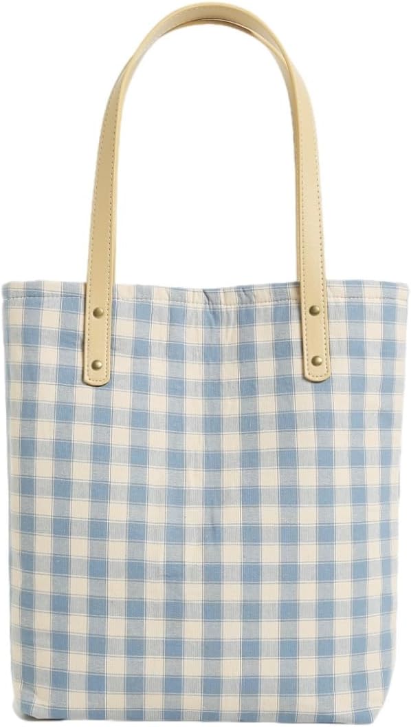 Jeelow Market Street Canvas Tote Bag Handbag Padded Purse with Vegan Leather Handles Floral Or Plaid