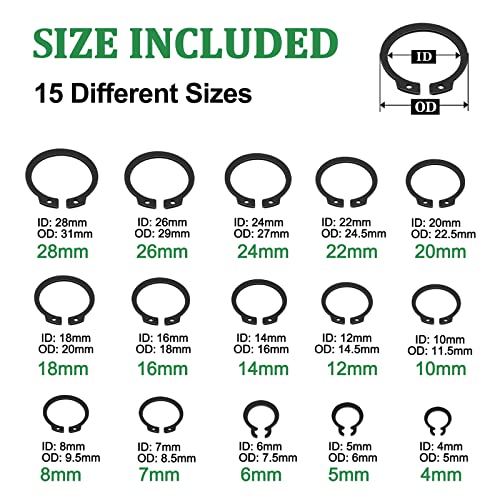 Foliv 315Pcs 15 Sizes Circlip Snap External Retaining Ring Assortment Set Snap Rings Assortment Kit Assortment Alloy Steel External Circlip Snap External Retaining C-Clips Rings Set（M4-M28 315 Pcs） #TOP1