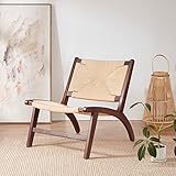 Modern Boho Accent Chairs for Living Room,Mid Century Lounge Chair,Side Chair Indoor Scandinavian Cognac Natural Wood Beech Braided Jute Woven Weave Paper Rope Seat Accent Chair