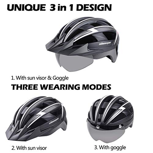 Bike Helmet Men Women,Shinmax Safety Certificated Bicycle Helmet with USB Rechargeable Rear Light&Detachable Magnetic Goggle&Sun Visor Adjustable Mountain Bike Helmet Road Bicycle MTB Helmet SM-B23