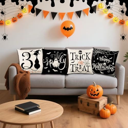 Halloween Pillow Covers 18x18 Inch, Set of 4 Ghost Black Cat Pumpkin Decor - image 7