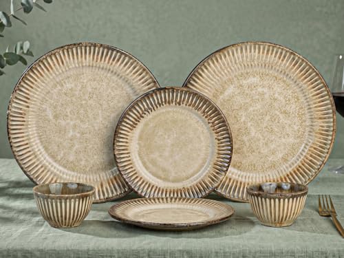 Image of Bodhi House Premium 6-Piece Stoneware Dinner Set Serving for 2 - Handcrafted Ceramic Plates, Bowls & Serving Bowls | Microwave & Dishwasher Safe | Elegant Modern Tableware Crockery Rustic Sand Beige