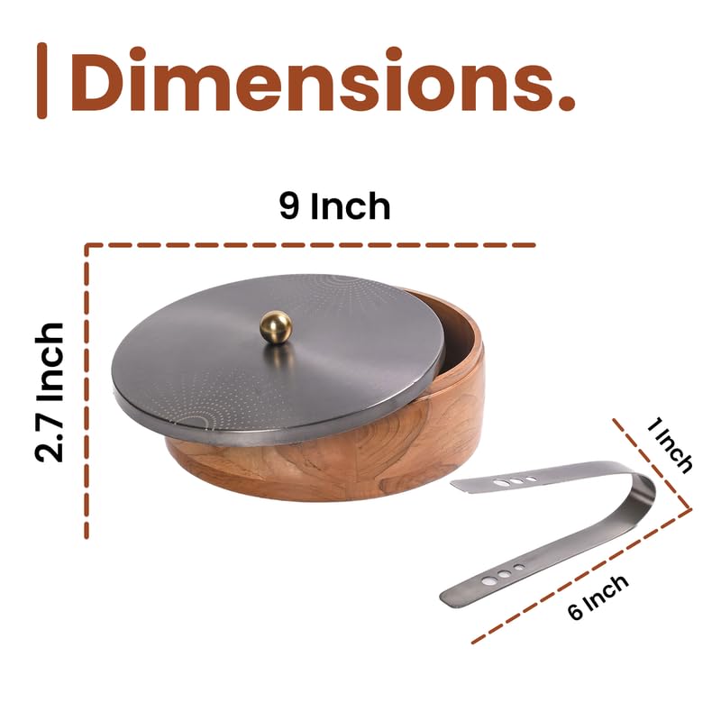 Image of Wooden Chapati Box for Kitchen - Casserole for Roti with Stainless Steel Brass Lid | Wooden Chapati Box with 1 Tong | Traditional Kitchen Organizer - GunMetal (SunRays Laser Etching)