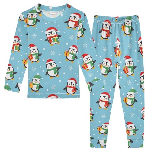 Pajama Sets Long Sleeve Christmas Penguins with Santa Hat Soft Comfy Sleepwear 2 Piece PJS 3-8T