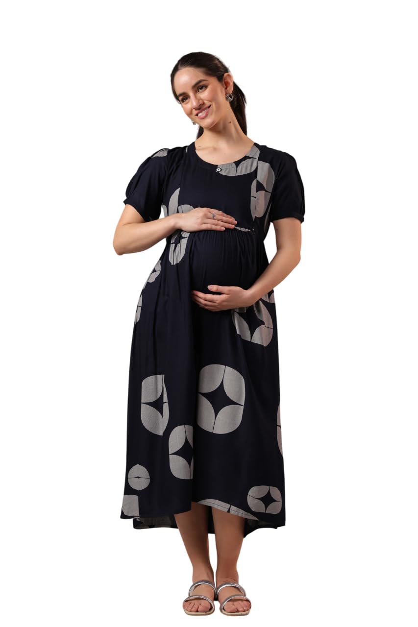 nightspree Women's Rayon Cotton Printed Flared Anarkali Maternity Dress, Feeding Kurti with Concealed Zip for Pre & Post Pregnancy (Blue-L)-picture-13