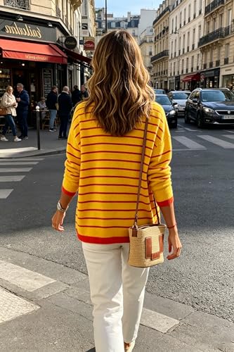Image of Womens Striped Lightweight Cotton Sweaters Long Sleeve Crew Neck Color Block Casual Knitted Pullover Tops