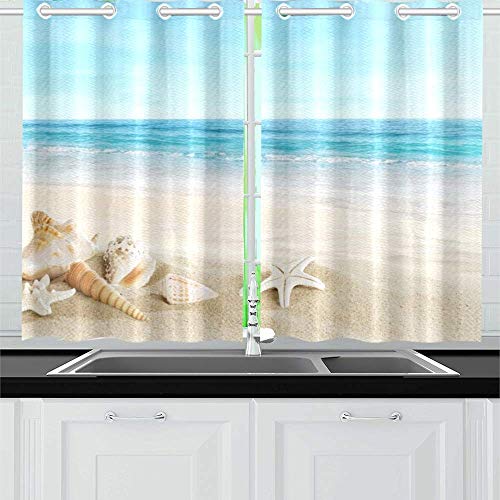 Beach Curtains For Kitchen Window, Summer Starfish Seashell Beach Bathroom Curtains, Grommet Waterproof Short Window Curtains For Bathroom, Laundry, Living Room, Bedroom 26 X 39 Inch - 2 Panels #TOP4